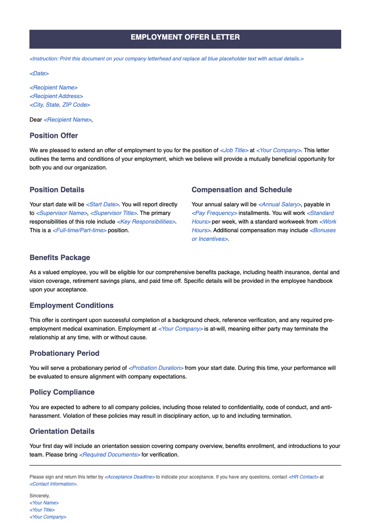 Customizable job offer letter template with placeholder fields and probationary terms_variant_2